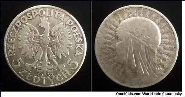 Poland 5 złotych. 1932, Mint London. Ag 750. (II)