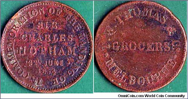 Melbourne 1854 1/2 Penny.

T.W. Thomas & Co.