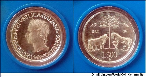 Italy 500 lire. 1981, 2000th Anniversary of the Death of Virgil. Ag 835. Weight; 11g. Diameter; 29,3mm. Coin in plastic extendable box.