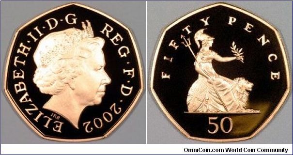Gold proof fifty pence (50p), issued as part of a 13 coin Golden Jubilee collection.
Images copyright Chard.
