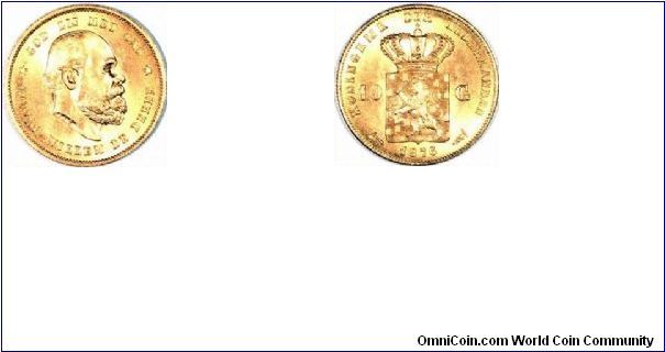 Dutch gold 10 guilders of Willem III, this type was issued from 1876 to 1889 inclusive.