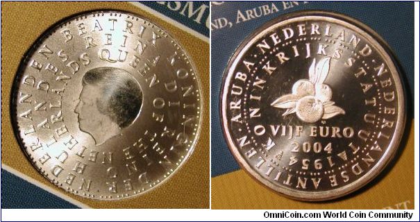2004 The Netherlands 5 Euro Silver. Commemorating the 50th anniversary of the Koninkrijksstatuut