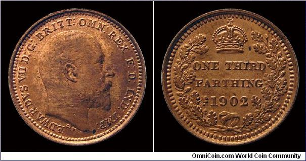 1902 Great Britain One Third Farthing, King Edward VII. Bronze, minted for use in Malta. KM.791/Spink.3993.