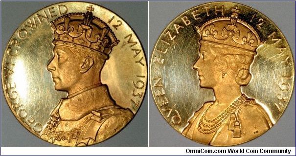 Official large size (57mm) gold Coronation medal or medallion of George VI, dated 12 May 1937. The reverse shows Queen Elizabeth, (later the Queen Mother).
Unfortunately there are numerous hairline scratches.
Only 274 pieces issued!