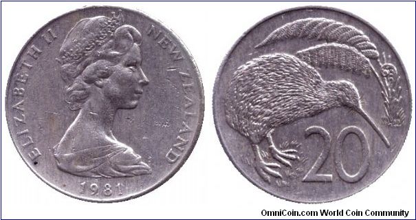 New Zealand, 20 cents, 1981, Cu-Ni, kiwi bird, Queen Elizabeth II.                                                                                                                                                                                                                                                                                                                                                                                                                                                  