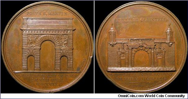 Départ de Paris, et entrée a Vienne, France.

An odd medal showing the city gates of Paris and Vienna.                                                                                                                                                                                                                                                                                                                                                                                                            