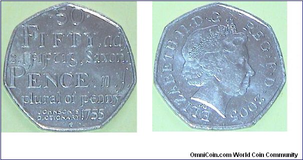 50 Pence. Commemorates the 250th Anniversary of Samuel Johnson's Dictionary of the English Language.