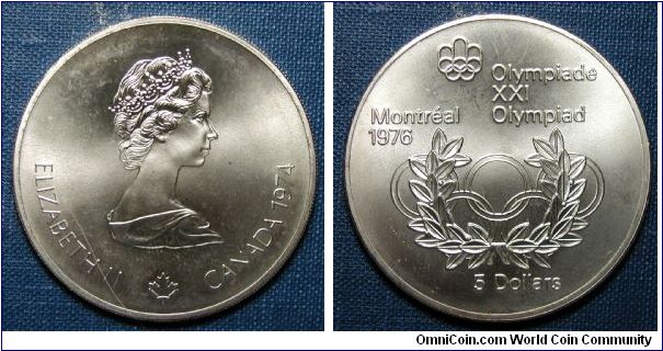 1974 Canada 5 Dollars, Montreal Olympics, Olympic Rings with Wreath, .925 silver, 24.3g, 38mm.