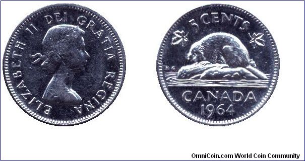 Canada, 5 cents, 1964, Ni, Queen Elizabeth II, Beaver.                                                                                                                                                                                                                                                                                                                                                                                                                                                              