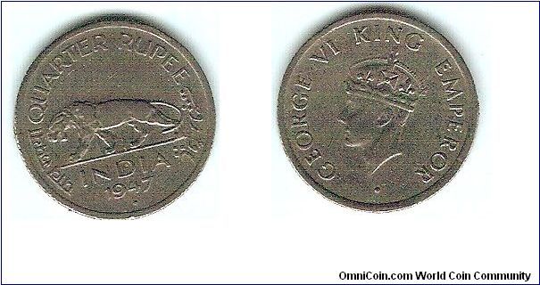 Quarter Rupee. George VI King Emperor. (British India)