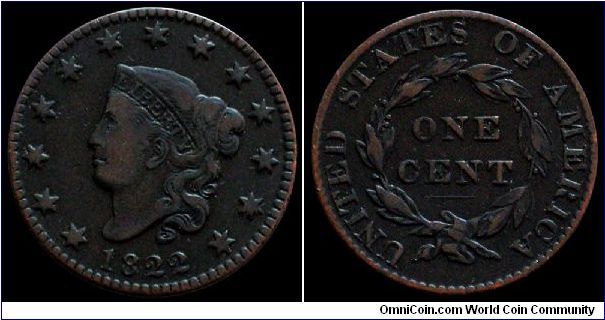 1822 U.S. Large Cent, N-12 Variety, EF. Dark, but with a smooth planchet. R-4 Rarity.