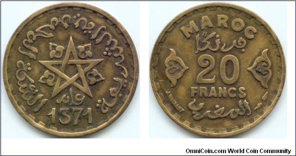 Morocco, 20 francs 1371 (1951).