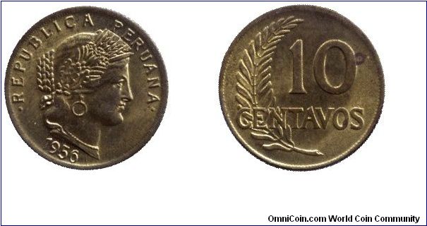 Peru, 10 centavos, 1956, Republica Peruana.                                                                                                                                                                                                                                                                                                                                                                                                                                                                         