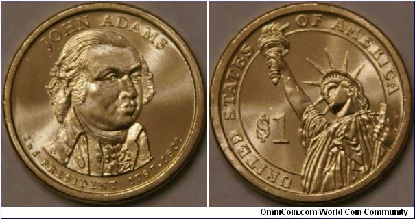 2nd presidential series dollar, John Adams, 26.5 mm, Manganese-Brass (Cu, Zn, Mn, Ni)