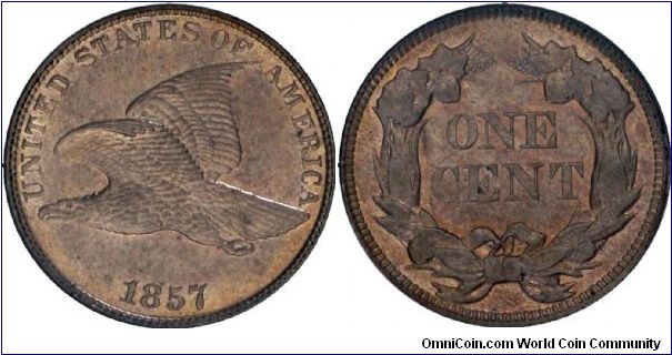 1857 FLYING EAGLE CENT.  An attractive, well struck reddish-brown cent that has few contact marks on either side.