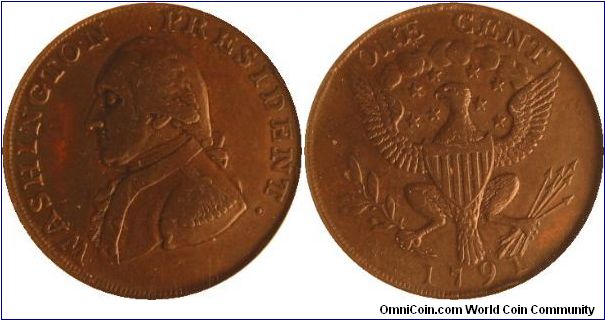 1791 GEORGE WASHINGTON SMALL EAGLE CENT.  NGC AU-55BN.  Deep mahogany color embraces this lightly circulated representative. A few rim bruises below the date are the only marks worthy of note. Overall a wonderfully executed design with the heraldic eagle foreshadowing the coins to come later in the decade.