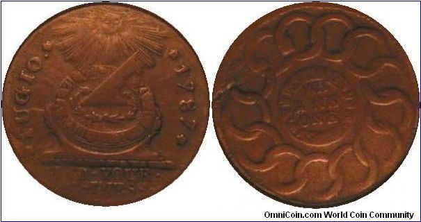 1787 FUGIO CENT (Pointed rays) (Cinquefoils, States United).  NGC VF-30BN.  A bold light golden-brown example with no visible impairments save for a planchet void (as made) on the reverse.