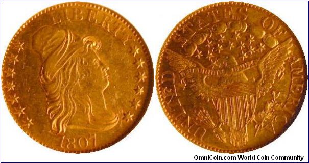 1807 DRAPED BUST HALF EAGLE (Heraldic Eagle) (B. 2-C, Miller-88, R.7.).  A lustrous reddish-gold example of this scarce variety. Minimal high point wear and just a few scattered abrasions. No singularly distrating marks.