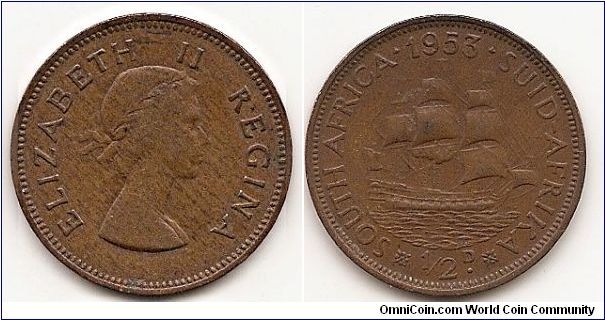 1/2 Penny
KM#45
5.6000 g., Bronze Ruler: Elizabeth II Subject: Dromedaris
(ship) Obv: Laureate head right Rev: Sailing ship