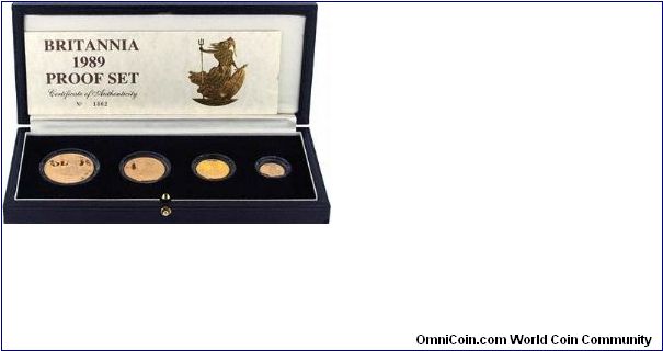 Four coin gold Britannia proof collection in official box with certificate. We currently sell at 12.5% premium for single set, 10% for 2 sets or more, see also 1988 set.