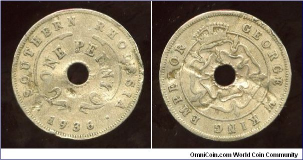 Southern Rhodesia 
1936
1d Penny
Country, value & date
Crown above Rose