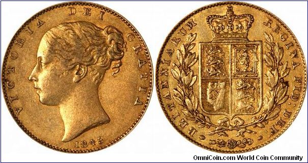 Fairly unremarkable 1845 Victoria shield sovereign, but these earlier dates don't turn up in any quantity, and it's difficult to find high grade specimens.