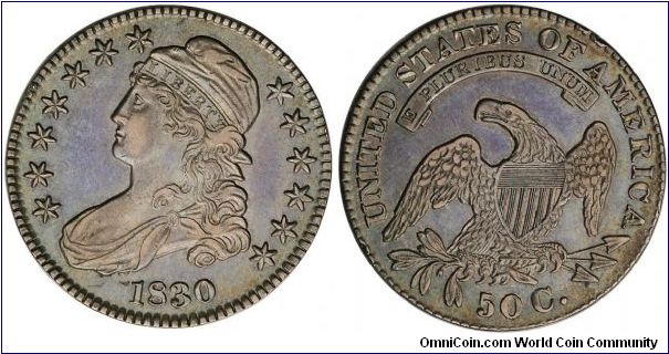 1830 CAPPED BUST HALF DOLLAR (Lettered Edge) (O-111, R.2.) (Ex. Jules Reiver Collection).