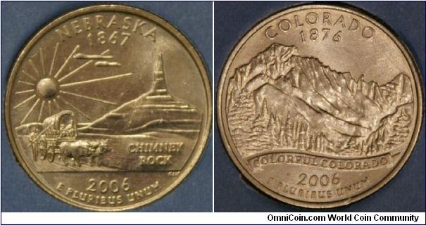 Nebraska & Colorado, 37th & 38th states.  
Nebraska depicts one of the famous landmarks along the Oregon trail with some pioneers on their way.  
Colorado depicts a portion of the majestic Rockies which occupy the western half of the state.  (ref. usmint.gov)