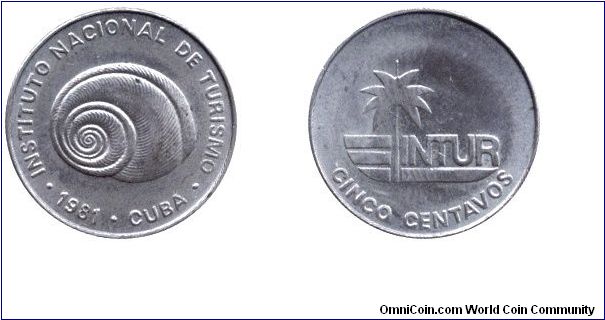 Cuba, 5 centavos, 1981, Cu-Ni, no digit, Snail.                                                                                                                                                                                                                                                                                                                                                                                                                                                                     