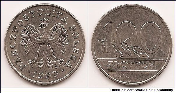 100 Zlotych
Y#214
7.6800 g., Copper-Nickel, 28 mm. Obv: Crowned eagle with
wings open Rev: Value with sprig in first 0