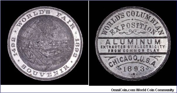 World's Columbian Exposition, Bird's-Eye View/ Aluminum medal. Just a mm shy of a so-called dollar.