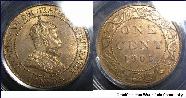 1905 Large Canadian cent.  About 80% red on the obverse, 60% red on the reverse.  Graded MS-63RB by PCGS.