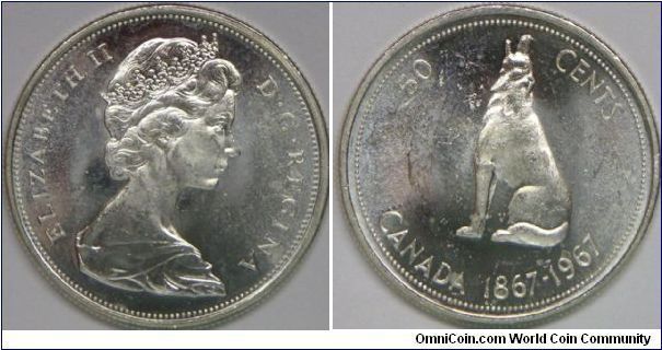 Queen Elizabeth II, Canada 50 Cents, 1967. Subject: Confederation Centennial. 11.6638 g, 0.8000 Silver, .3000 Oz. ASW., 29.5mm. Mintage: 49,518,549 units. XF.