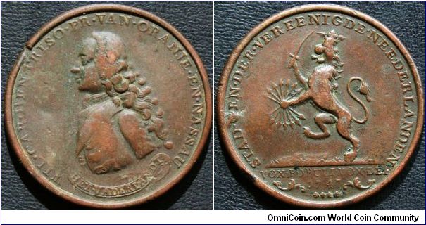 William IV. Prince of Orange-Nassau. Appointed first hereditary General Stadholder of the Netherlands 1747.  Rev. Coat of Arms of the 7 United Provinces Netherlands. The Latin VOX. POPULI. VOX.DEI = The voice of the people is the voice of God. Bronze40mm