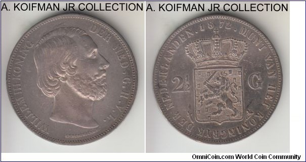 KM-82, 1872 Netherlands 2 1/2 gulden; silver, lettered edge; William III, as I got it from Malaysia it most likely circulated in the Netherlands East Indies, extra fine or so, pleasant cabinet toning.
