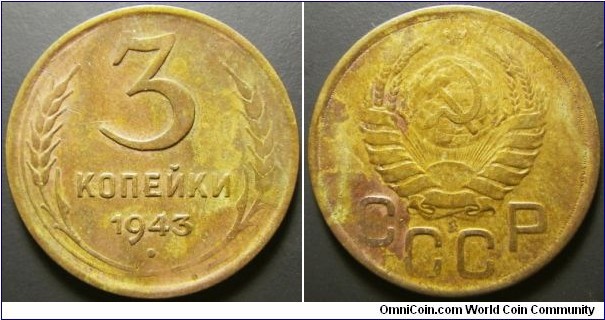 Russia 1943 3 kopek. Weight: 3.07g. 