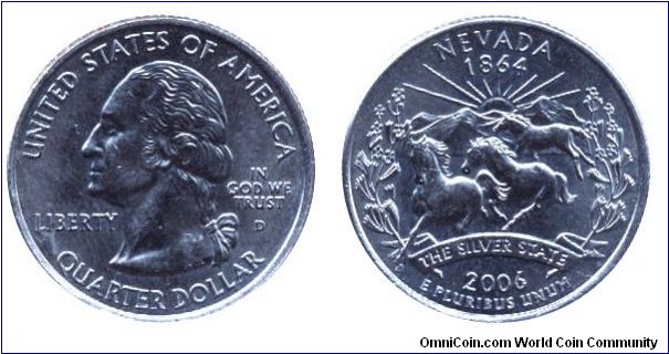 USA, 1/4 dollar, 2006, Cu-Ni, Nevada - 1864, The Silver State, George Washington, MM: D.                                                                                                                                                                                                                                                                                                                                                                                                                            