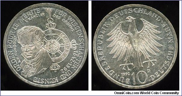 10 DM 
Civil Pour le merite
Depiction of the order, Alexander von Humboldt  wearing it and the date 1842-1992
Eagle value & date
Munich mint = D