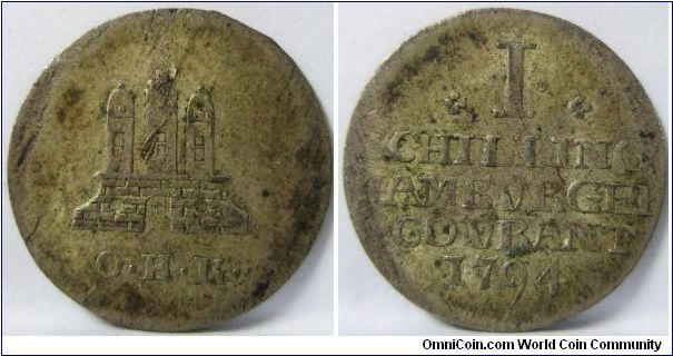 German States - Hamburg, Free City regular coinage, Schilling (12 Pfennig), 1794 OHK. 1.08g, 0.3750 Silver, .0130 Oz. ASW. Obv.: Castle with O.H.K.. Rev.: 'I' between rosettes. aVF.