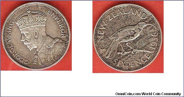 6 pence
George V, king, emperor
Huia bird
0.500 silver
