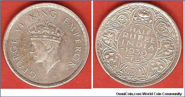 British India
1/2 rupee
George VI, king, emperor
second head
0.917 silver
Mumbai Mint