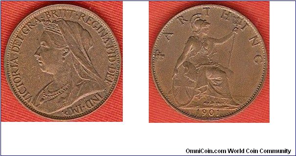 farthing
Victoria, veiled bust
Victoria Dei Gra. Britt. Regina Fid. Def. Ind. Imp.
seated Brittannia facing right
bronze