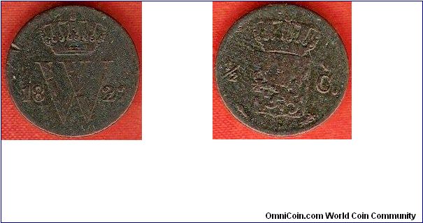 1/2 cent
crowned W monogram of king Willem I
Utrecht Mint
copper