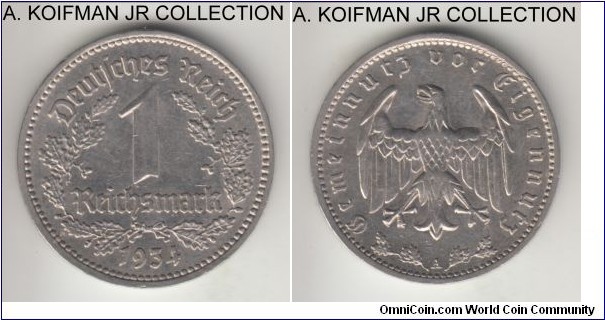 KM-78, 1934 Germany (Third Reich) one mark; Berlin mint (A mint mark); nickel, incuse ornamented edge; very fine to extra fine.