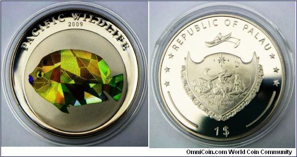 Palau, 2009 Angelfish Prisms Coloured Dollar Coin, Copper-Nickel. Mintage: 2,500 pcs. PROOF.