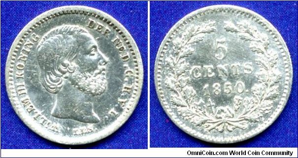 5 cents.
King Willem III (1849-1890).
Mintage 3,037,000 units.


Ag640f. 0,68gr.