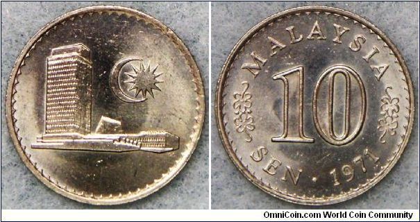 Scarcest date federation 10 Sen. I tried to find it from circulation since 1985 but nothing found. Report from Bank Negara Malaysia 32,236 units (Krause made mistake, 42,000 units) may not true due to the scarcity. Compare to other date mintage: 1967(106.7m); 1968(128.3m); 1973(214.8m); 1976(148.8m); 1977(52.7m); 1978(21.2m); 1979(50.6m); 1980(51.8m); 1981(236.6m); 1982(145.6m); 1983(30.8m), 1988(17.9m). Brilliant uncirculated.