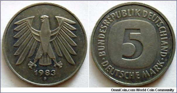 5 marks.
1986, Mintmark 'F'
(Stuttgart)