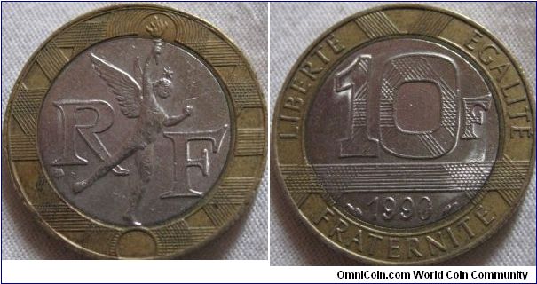 10 francs, 1990 VF grade