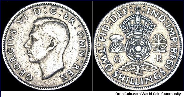 United Kingdom - Florin / Two Shilling - 1948 - Weight 11,1 gr - Copper / Nickel - Size 28,3 mm - Regent / George VI - Designer / George Krueger-Gray - Mintage 67 554 000 - Edge : Reeded - Reference KM# 865